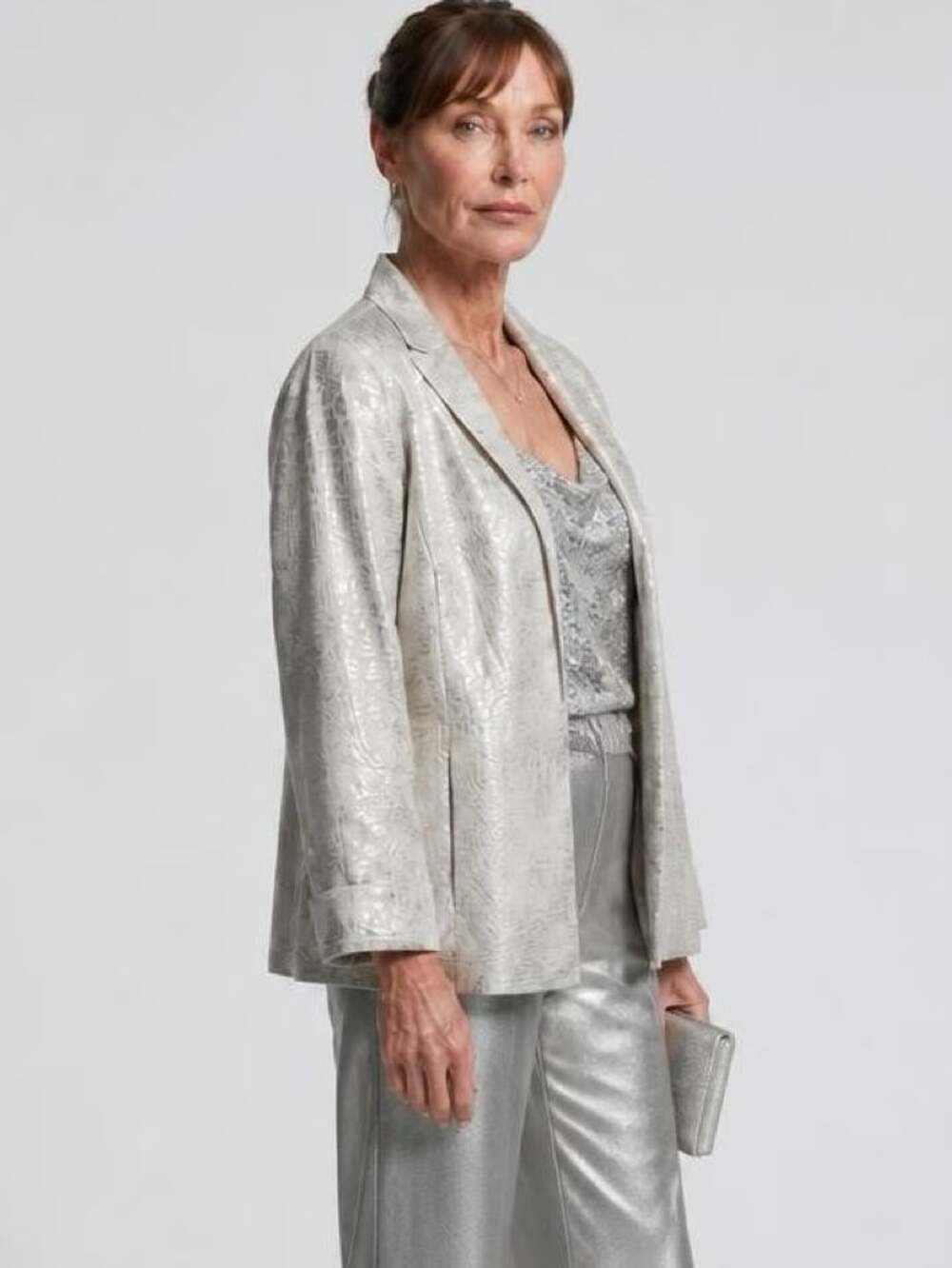 Chicos Metallic Gold Silver Textured Open Front Blazer Jacket Sz.  2, Sz.L, NWT